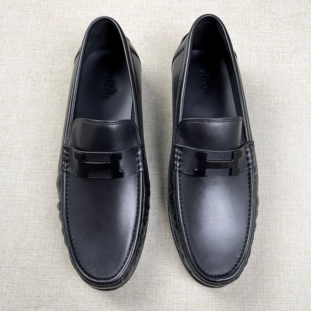 Hermes Men's Fall/Winter Fashion Classic Solid Color Leather Round Toe Slip On Logo Low Top Flat Leather Shoes #78922