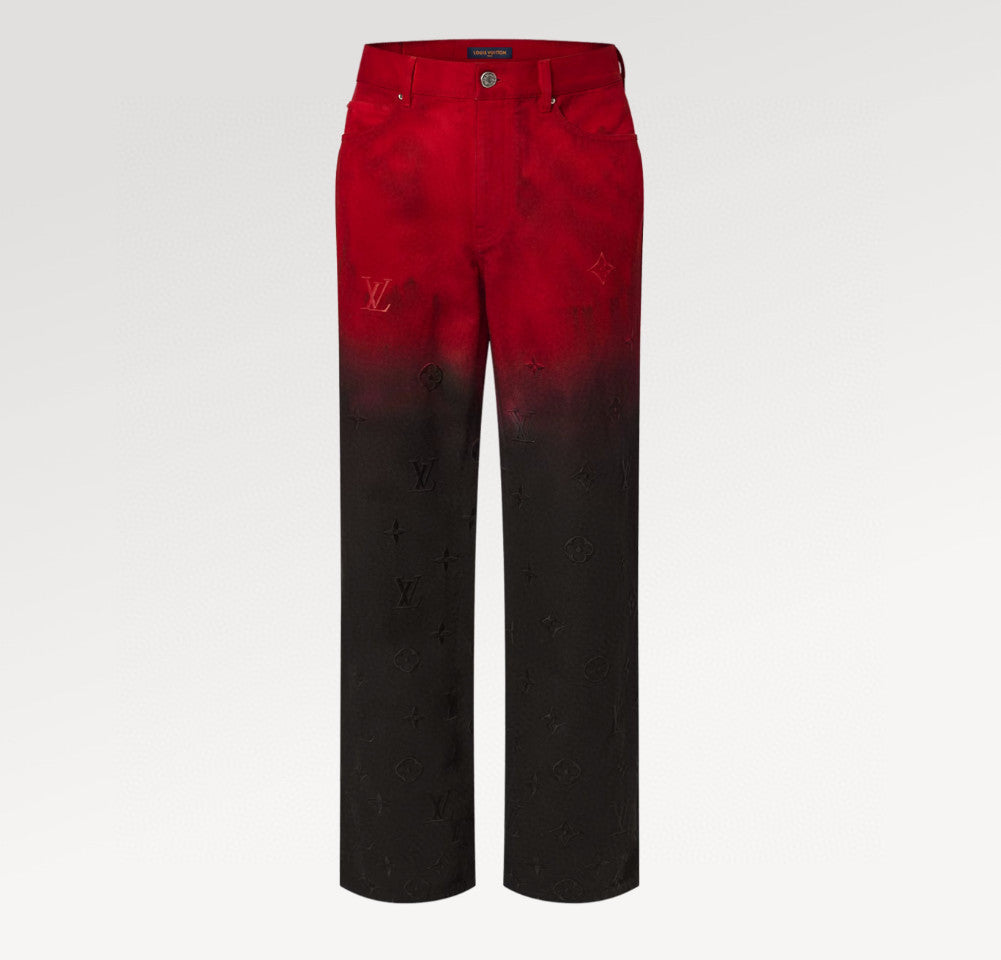 Louis Vuitton Men's Fall/Winter Black and Red Gradient Embroidered Logo Patterns Straight Leg Jeans Pants #98169