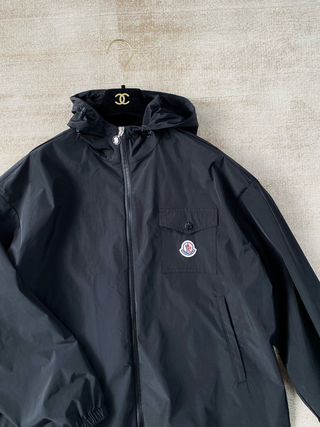 Moncler Men's Spring and Fall Black Logo Patch Straight Long Sleeve Zipper Hooded Lightweight Jacket #98779