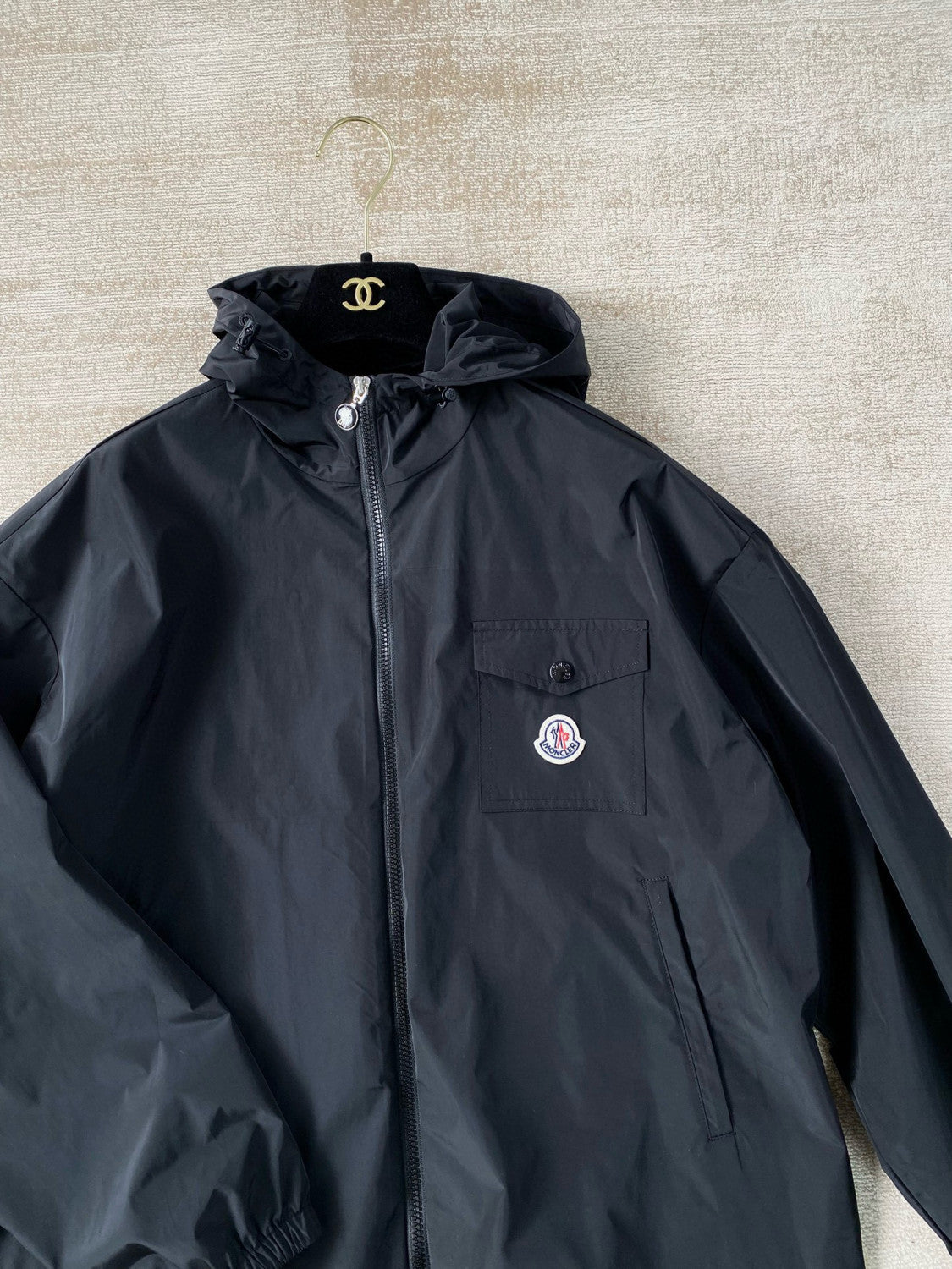 Moncler Men's Spring and Fall Black Logo Patch Straight Long Sleeve Zipper Hooded Lightweight Jacket #98779
