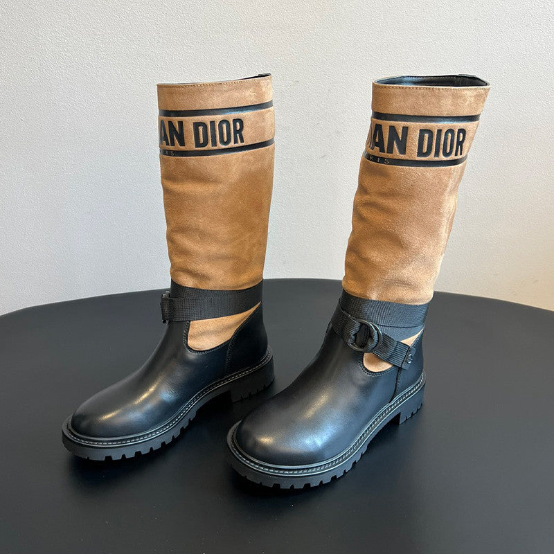 Dior Women's Spring/Fall/Winter Leather And Suede Blend Vintage Chunky-Heeled High-Top Boots Casual Long Riding Boots Shoes #81721