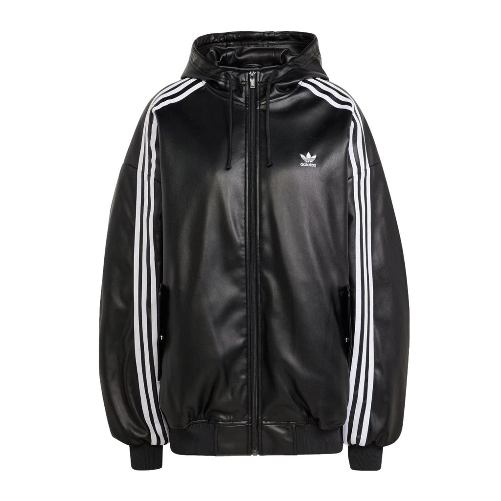Adidas Originals Men's And Women's Spring And Fall Models Three Stripes Color Blocking Loose Sports Hooded Leather Jacket #98641