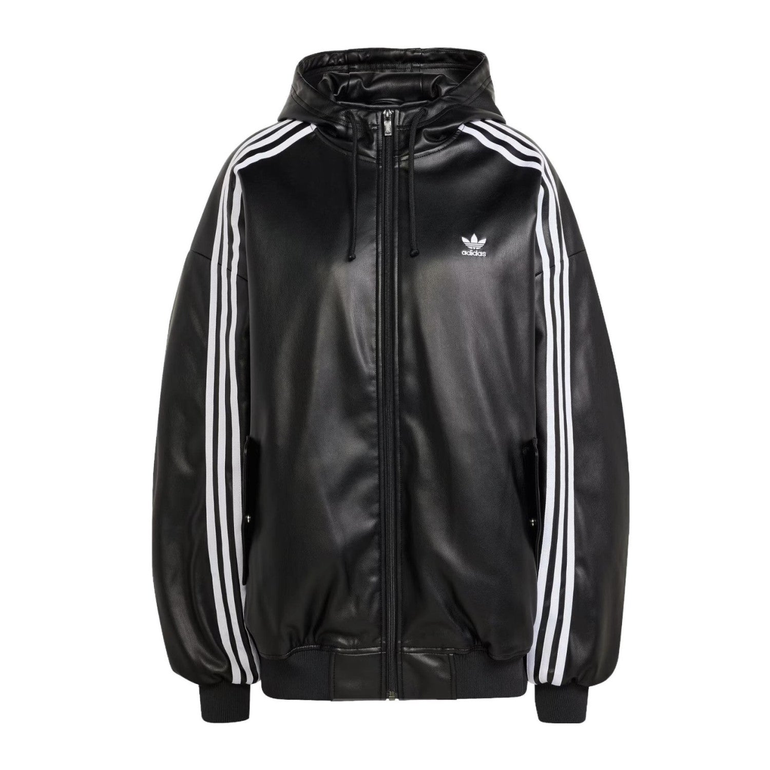 Adidas Originals Men's And Women's Spring And Fall Models Three Stripes Color Blocking Loose Sports Hooded Leather Jacket #98641