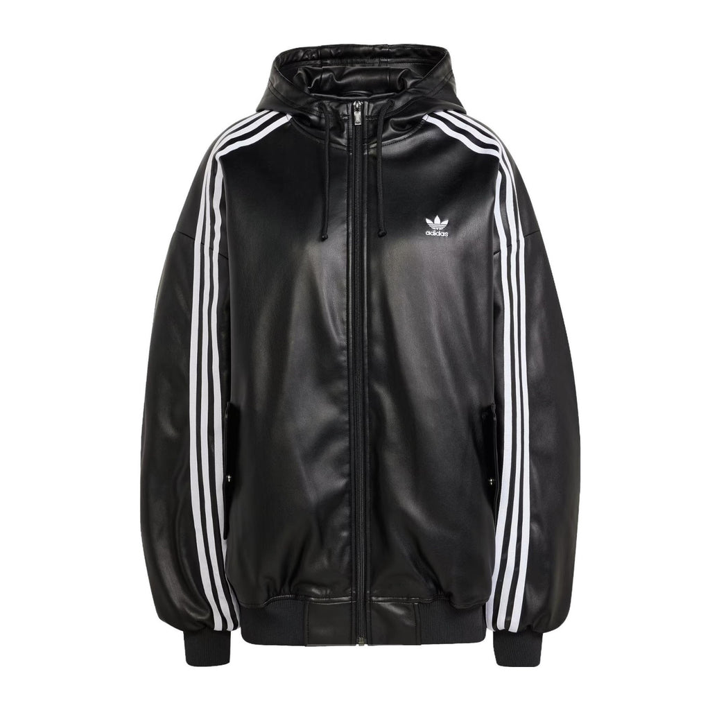 Adidas Originals Men's And Women's Spring And Fall Models Three Stripes Color Blocking Loose Sports Hooded Leather Jacket #98641