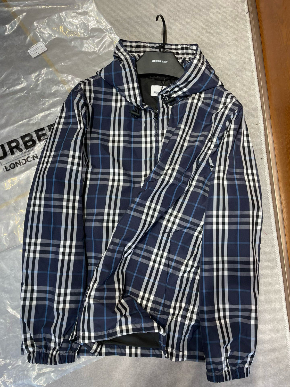 Burberry Men's Spring and Autumn Blue Plaid Hooded Zipper Long Sleeve Jacket #98568