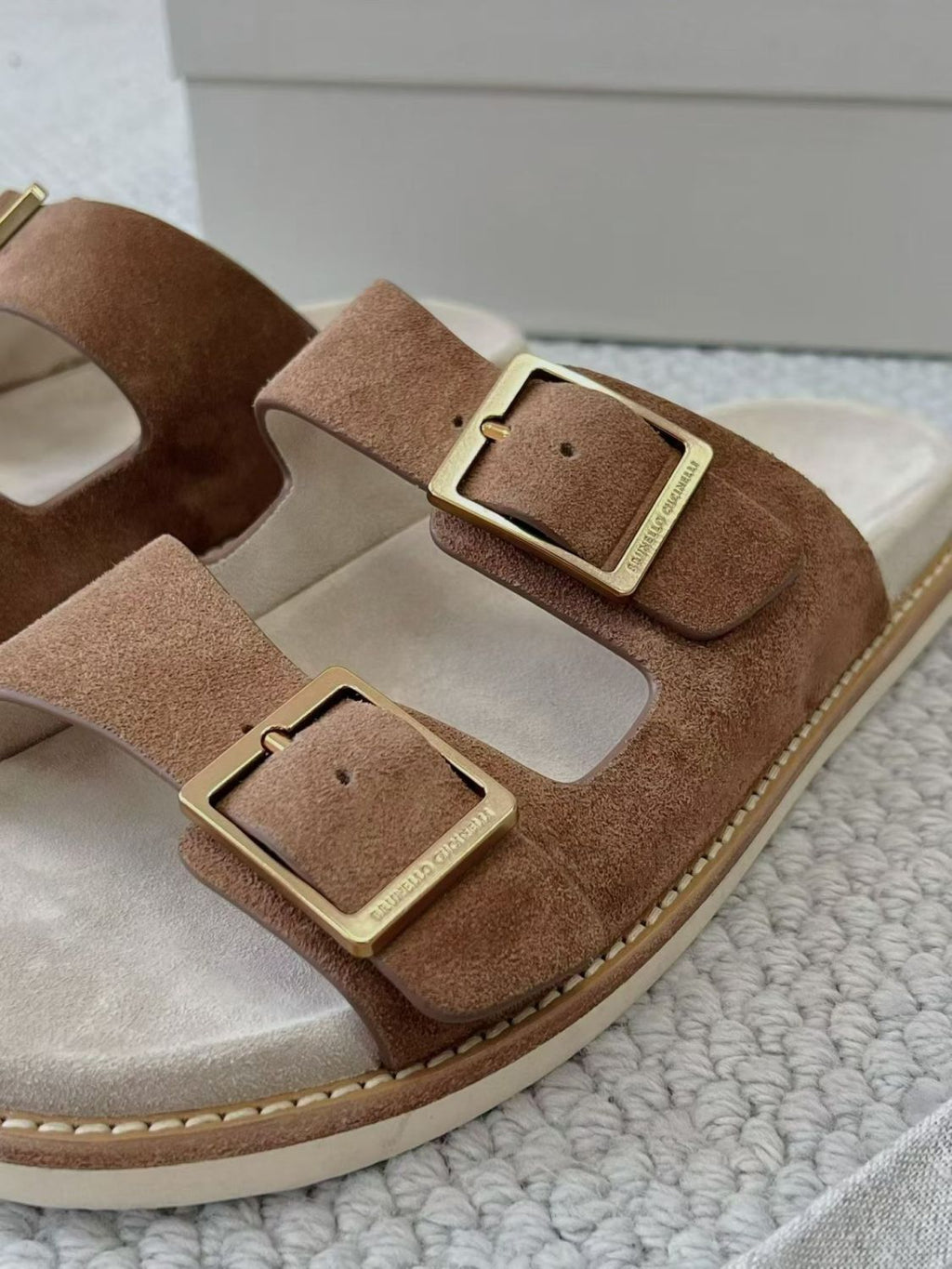 Brunello Cucinelli Suede slides with buckles for Man in Hazelnut