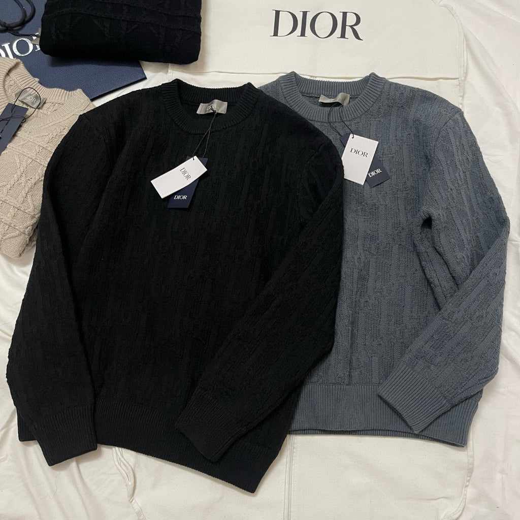 Dior Men's Spring and Autumn Solid Color Printed Ribbed Crew Neck Knit Sweater #75184