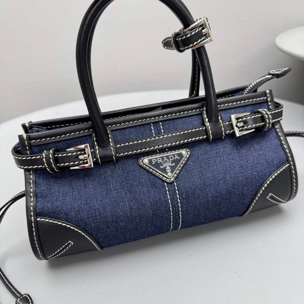 PRADA Women's Bonnie French Triangle Metal Logo Classic Versatile Mixed Materials Handbag Mini Women's Blue And Brown #332335