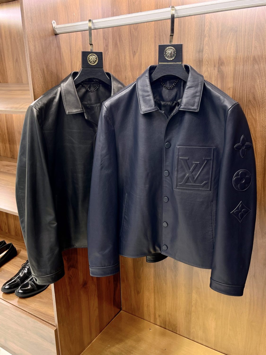 Louis Vuitton Men's Autumn and Winter Solid Color Embossed Leather Monogrammed Single Breasted Long Sleeve Jacket #74224