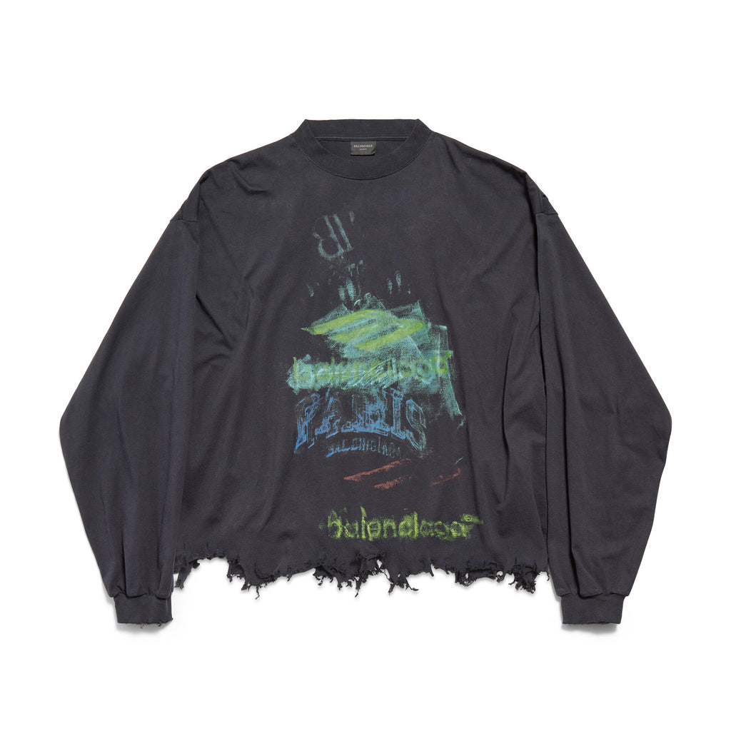 Balenciaga Women's And Men's Summer Solid Color Cotton Graffiti Printed Brushed Regular Fit Round Neck Long Sleeve T-Shirt #75931