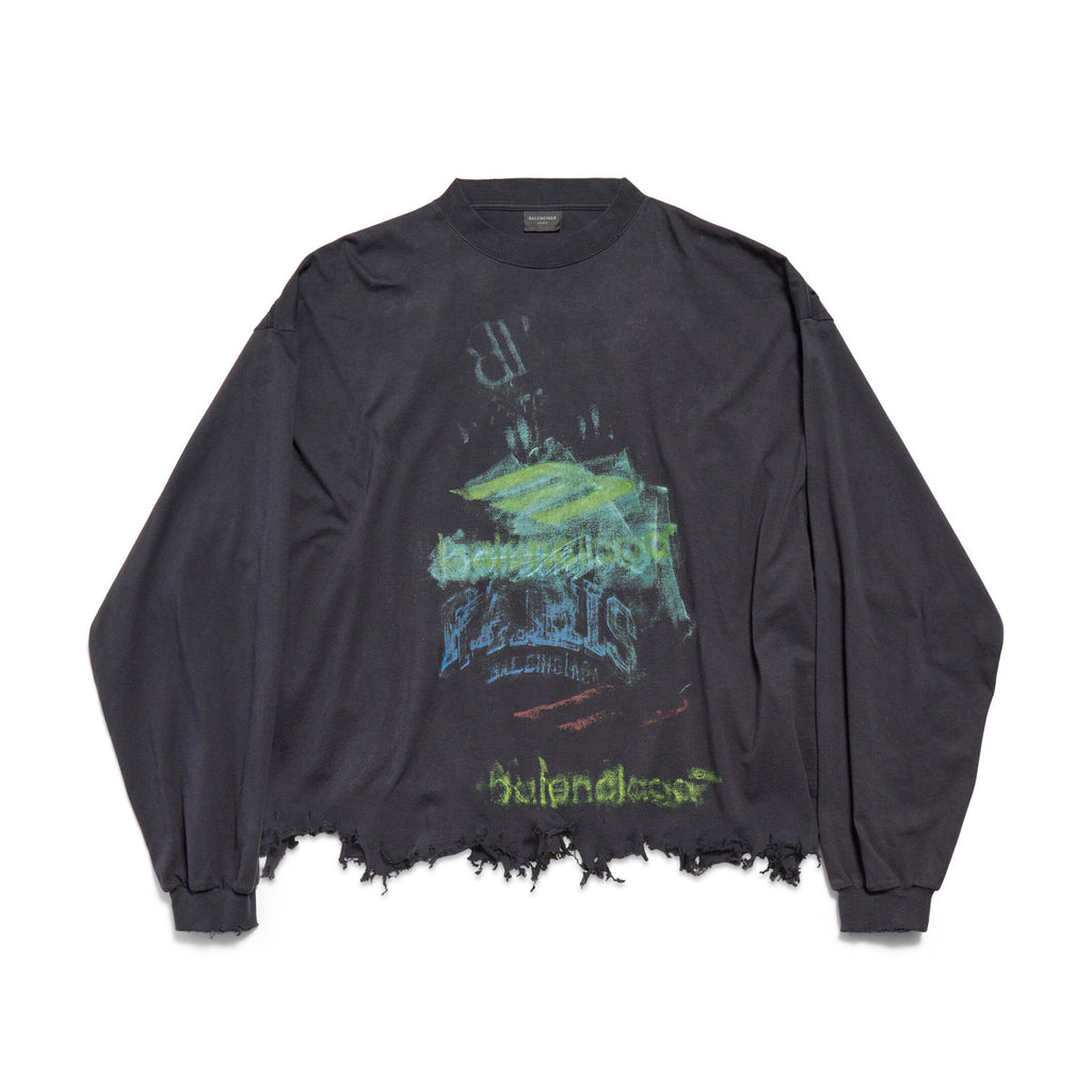 Balenciaga Women's And Men's Summer Solid Color Cotton Graffiti Printed Brushed Regular Fit Round Neck Long Sleeve T-Shirt #75931