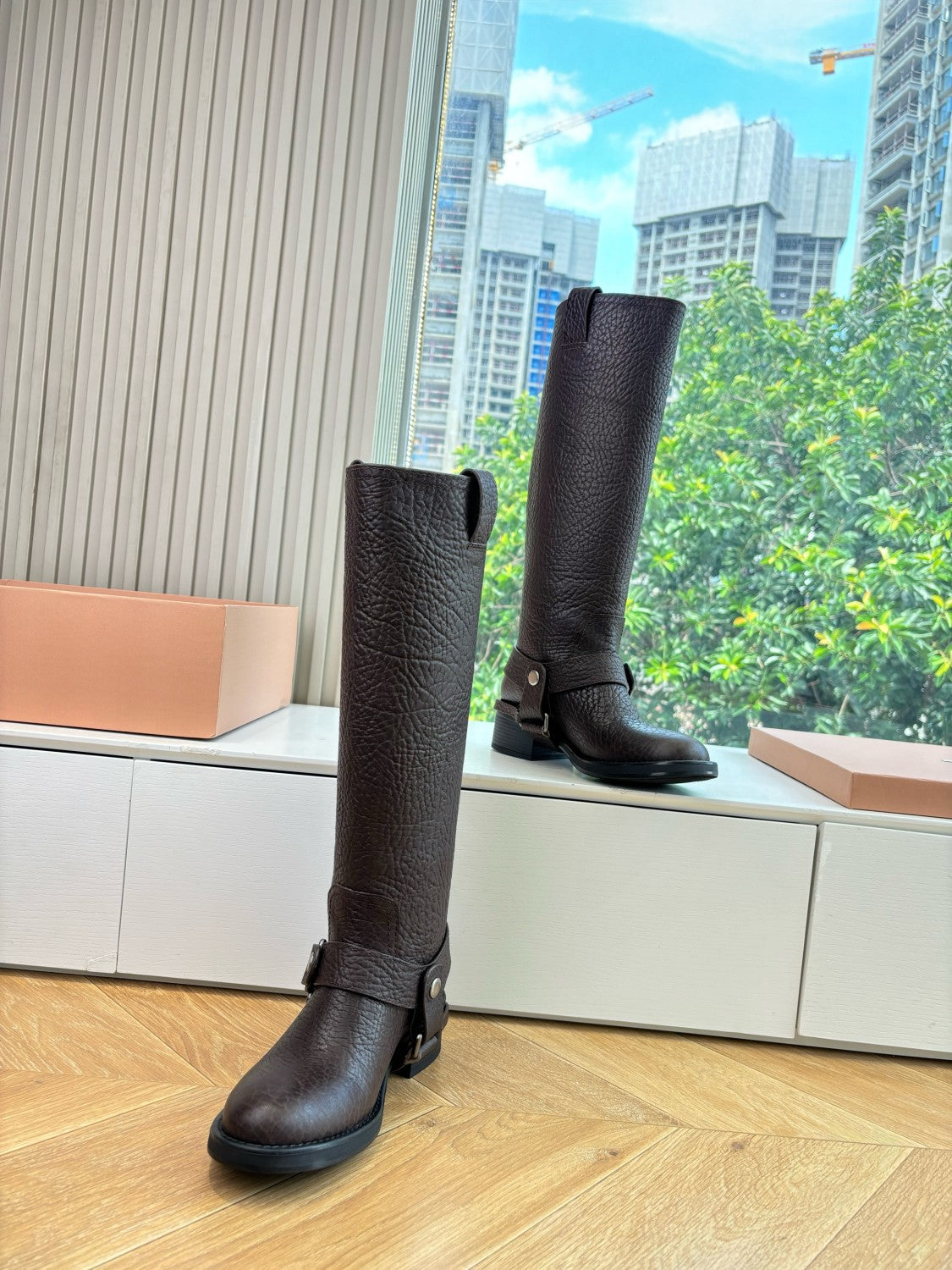 MiuMiu Women's Fall/Winter Classic Solid-Color Leather Biker-Style Long Boots Retro Rider Long Boots Shoes #78721