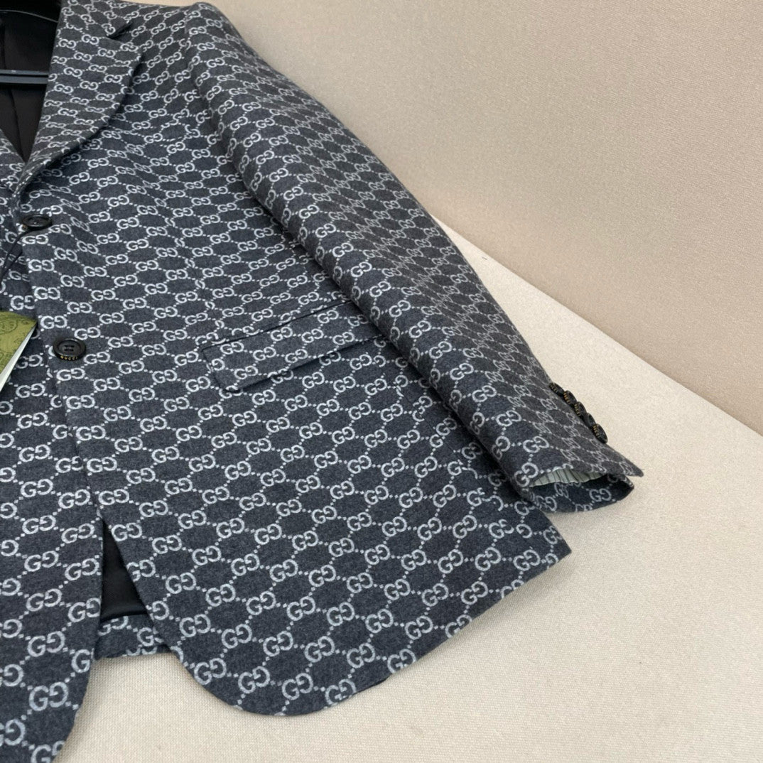 Gucci GG Flannel Men's Dark Gray Spring and Autumn Logo Full Printed Pattern Lapel Single Breasted Long Sleeve Jacket #98143