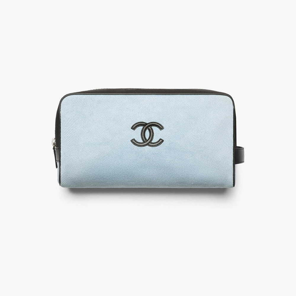 Chanel Large Zipped Pouch Canvas Calfskin Silver-tone Metal Blue And Black Stylish And Elegant Make-up Bag Bags #84397A