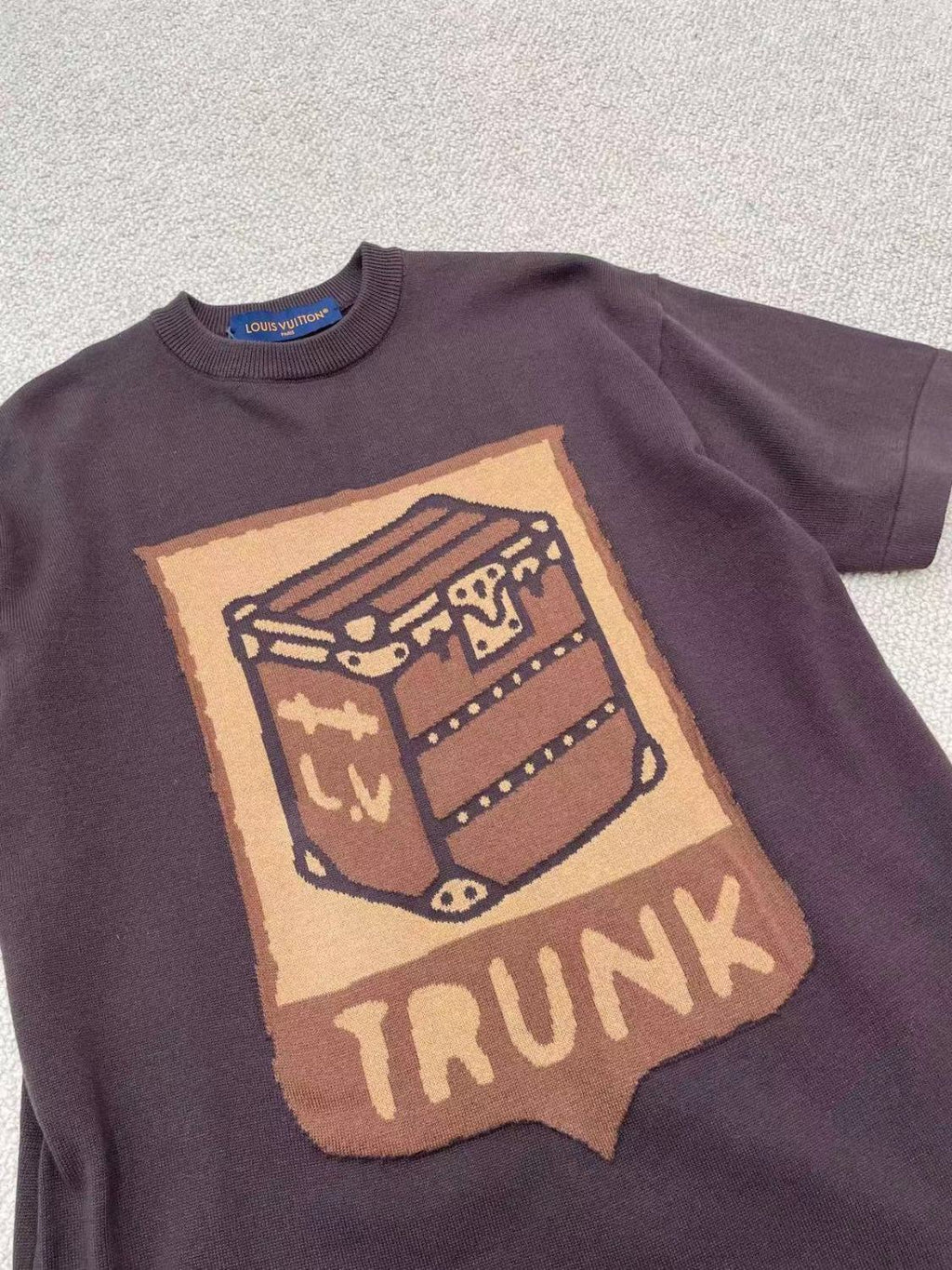 Louis Vuitton Men's Summer Brown Casual Short Sleeve Cotton Loose Intarsia Crewneck T-shirt #98224