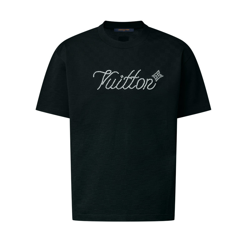 Louis Vuitton Men's Short-sleeved T-shirt Damier Pattern Bead Embroidered Cursive Signature New Style #325063