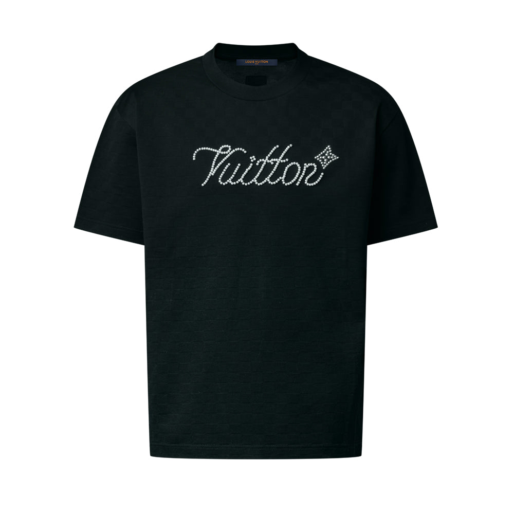 Louis Vuitton Men's Short-sleeved T-shirt Damier Pattern Bead Embroidered Cursive Signature New Style #325063