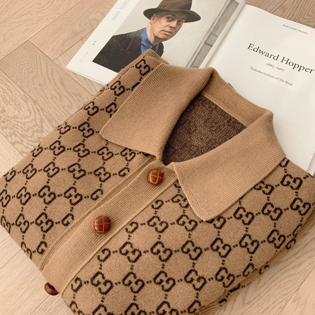 Gucci Men's Spring And Fall Khaki Monogrammed Single Breasted Wool Knit Long Sleeved Cardigan Jacket #73726