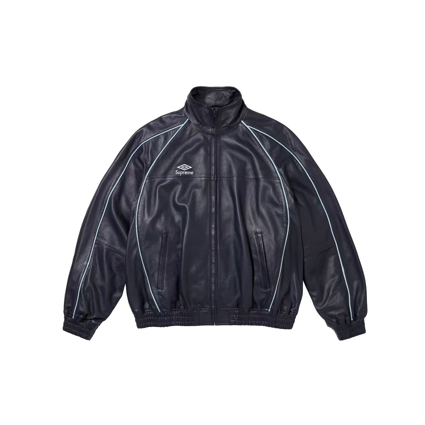 Supreme Men's And Women's  Spring/fall Fashion Casual Solid Color High Neck Zipper Front Embroidered Logo Leather Jacket #79518