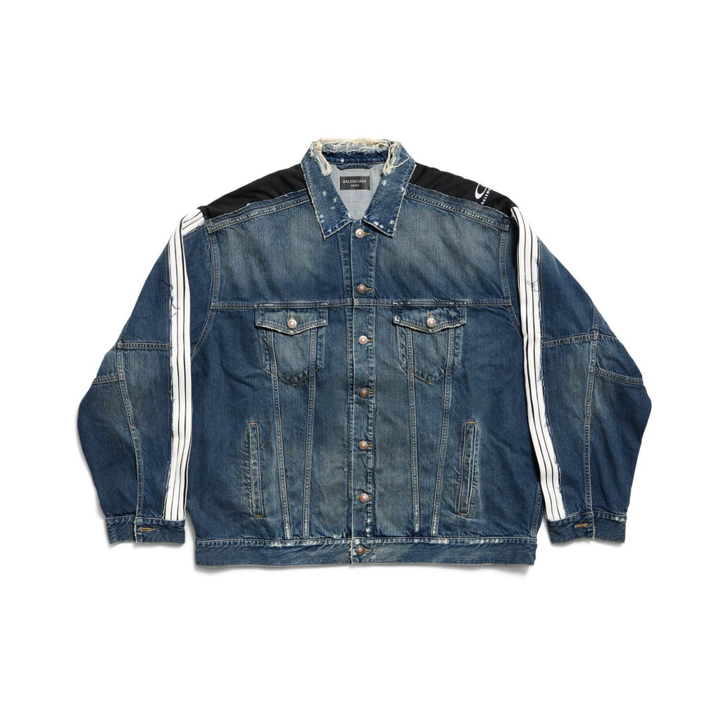 Balenciaga CUT- UP Men's Spring/fall Fashion Casual Washed Vintage Knit Fabric Lapel Single Breasted Denim Jacket With Zipper Or Button Closure Pair With Relaxed Fit Slouchy Jeans Suit Set #79511