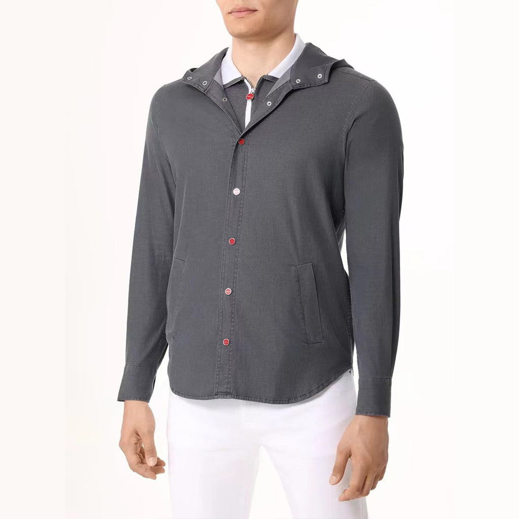 Kiton Men's Spring And Fall Retro Plaid Hooded Shirt Long-sleeved Lapel Buttons Fashion Casual Denim Cotton Shirt Ngvp #8879
