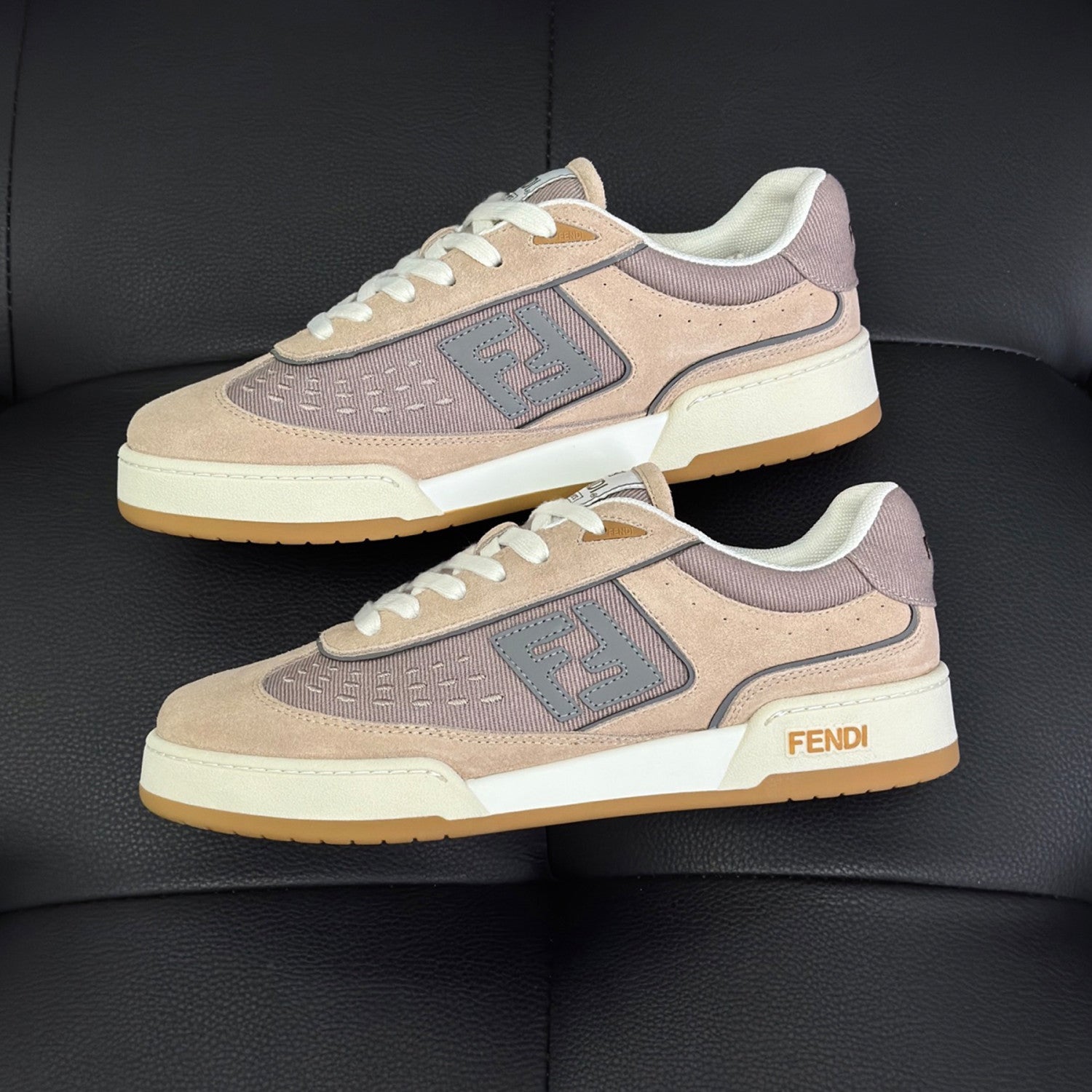 Fendi Match Leather Suede Low Top Shoes Women's Men's Spring Summer Round Toe Lace Up Colorblocking Fashion Casual Retro Shoes #81414