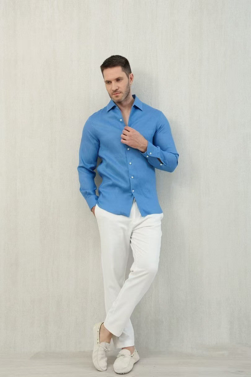 Loro Piana Men's Spring And Summer Solid Color André Shirt Lapel Single-breasted Linen Shirt Ngvp #7962