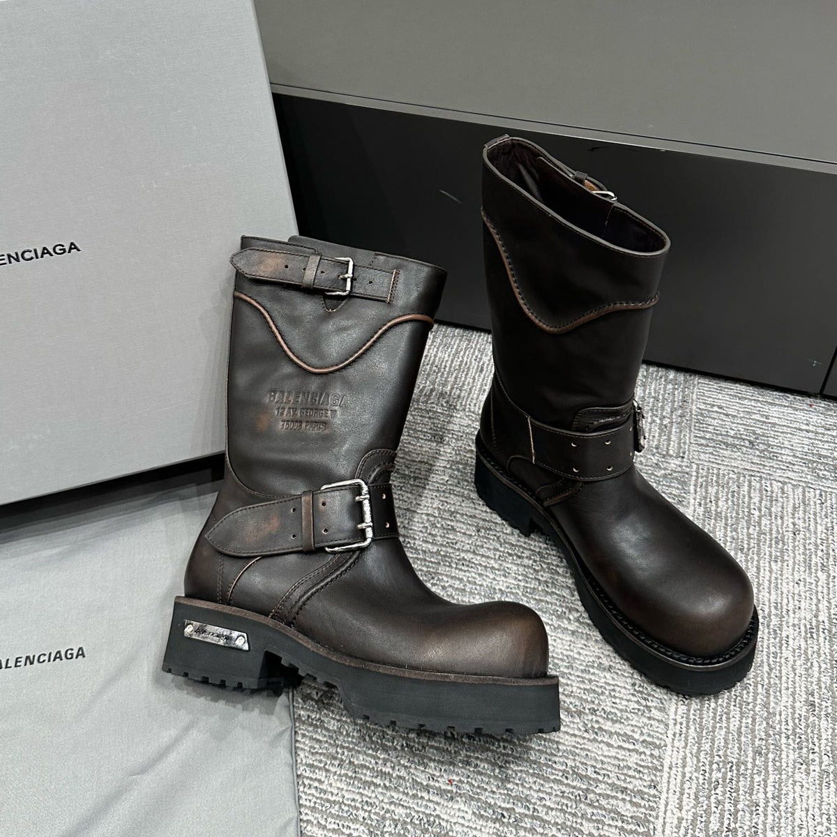Balenciaga Women's Four Seasons Solid Color Grained Cowhide Tall Martin Boots Shoes #76679