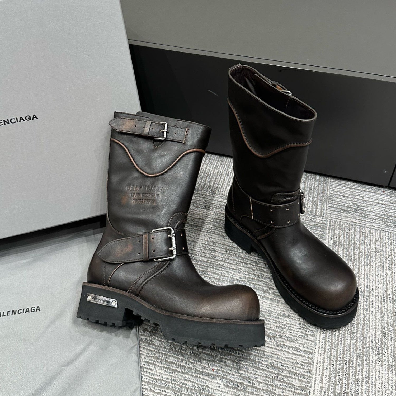 Balenciaga Women's Four Seasons Solid Color Grained Cowhide Tall Martin Boots Shoes #76679