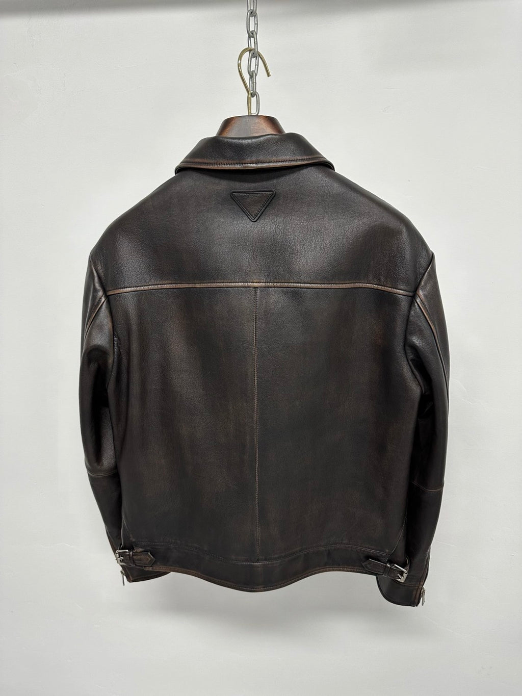 Prada Men's Autumn and Winter Solid Color Fit Lapel Zipper Long Sleeve Leather Jacket #73774