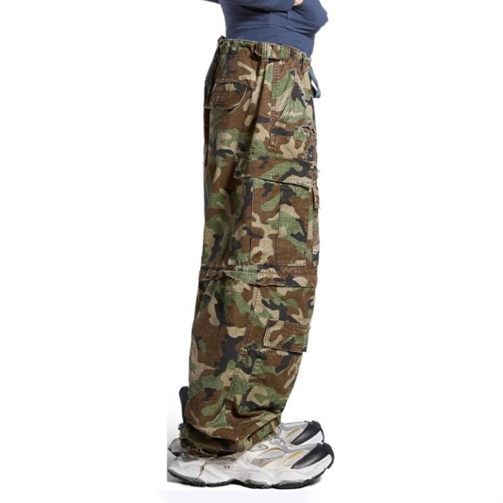 Balenciaga Men's Four Seasons Vintage Washed Camouflage Splicing Frayed Jeans Fashion High Street Straight Wide Leg Work Pants Ngvp #9121