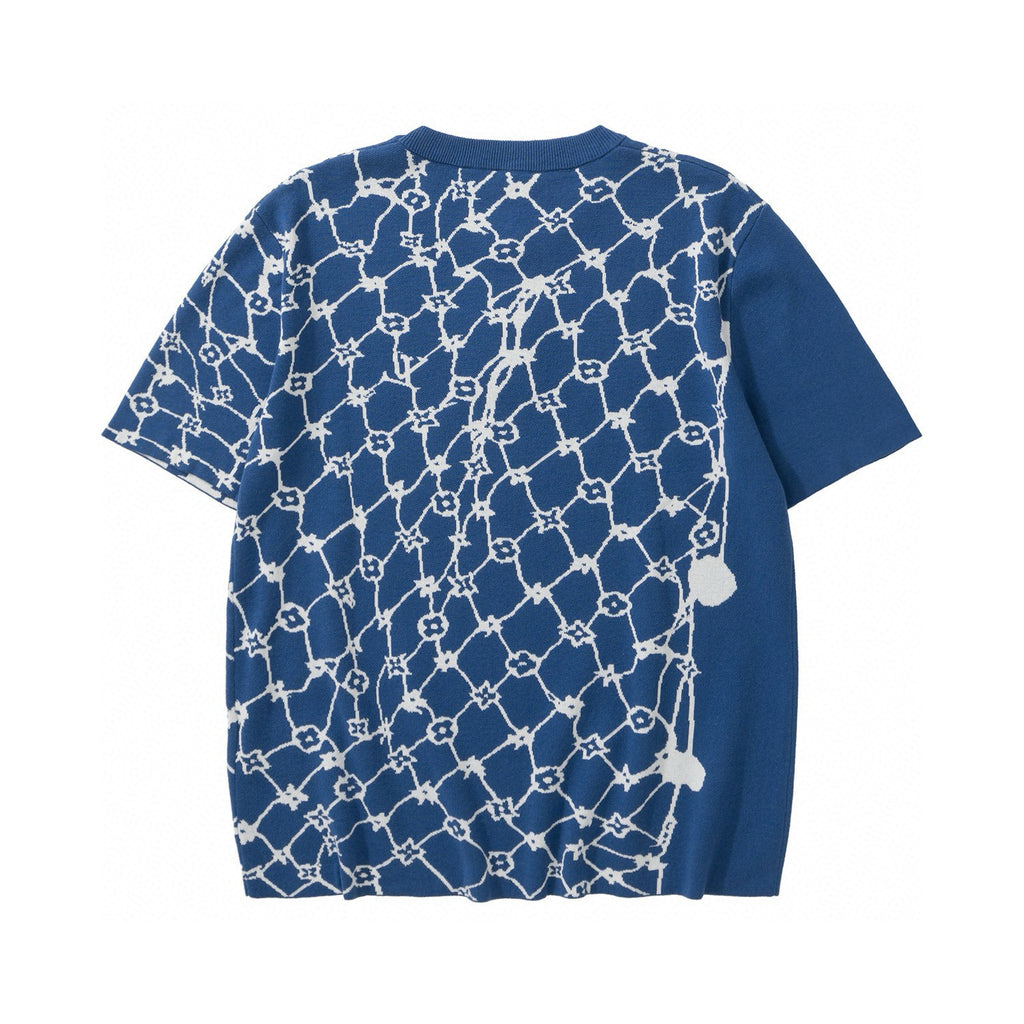 Louis Vuitton Men's Summer Blue Fishing Net Printed Ribbed Crew Neck Cotton Short Sleeve T-Shirt #99446