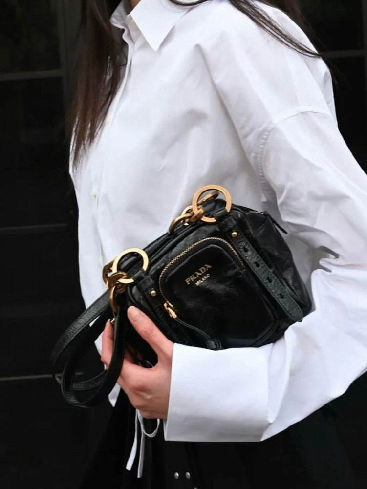 Prada Dangle Women's Black Letter Print Zipper Closure Cowhide Leather Mini Shoulder Bag Bags #75499