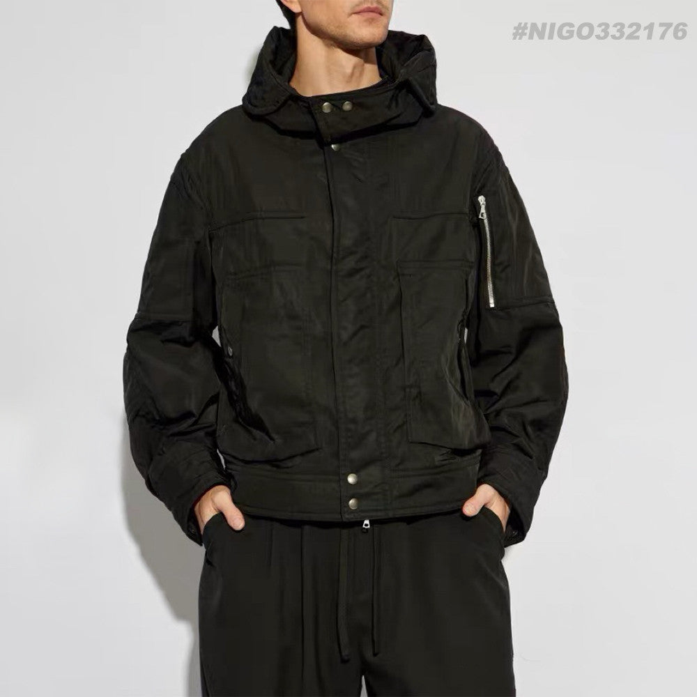 DRIES VAN NOTEEN Men's Fall/Winter Waterproof Coating Anti-static Quilted Cotton Sandwich Hooded Zipper Bomber Long Sleeve Jacket Men's Black #332176