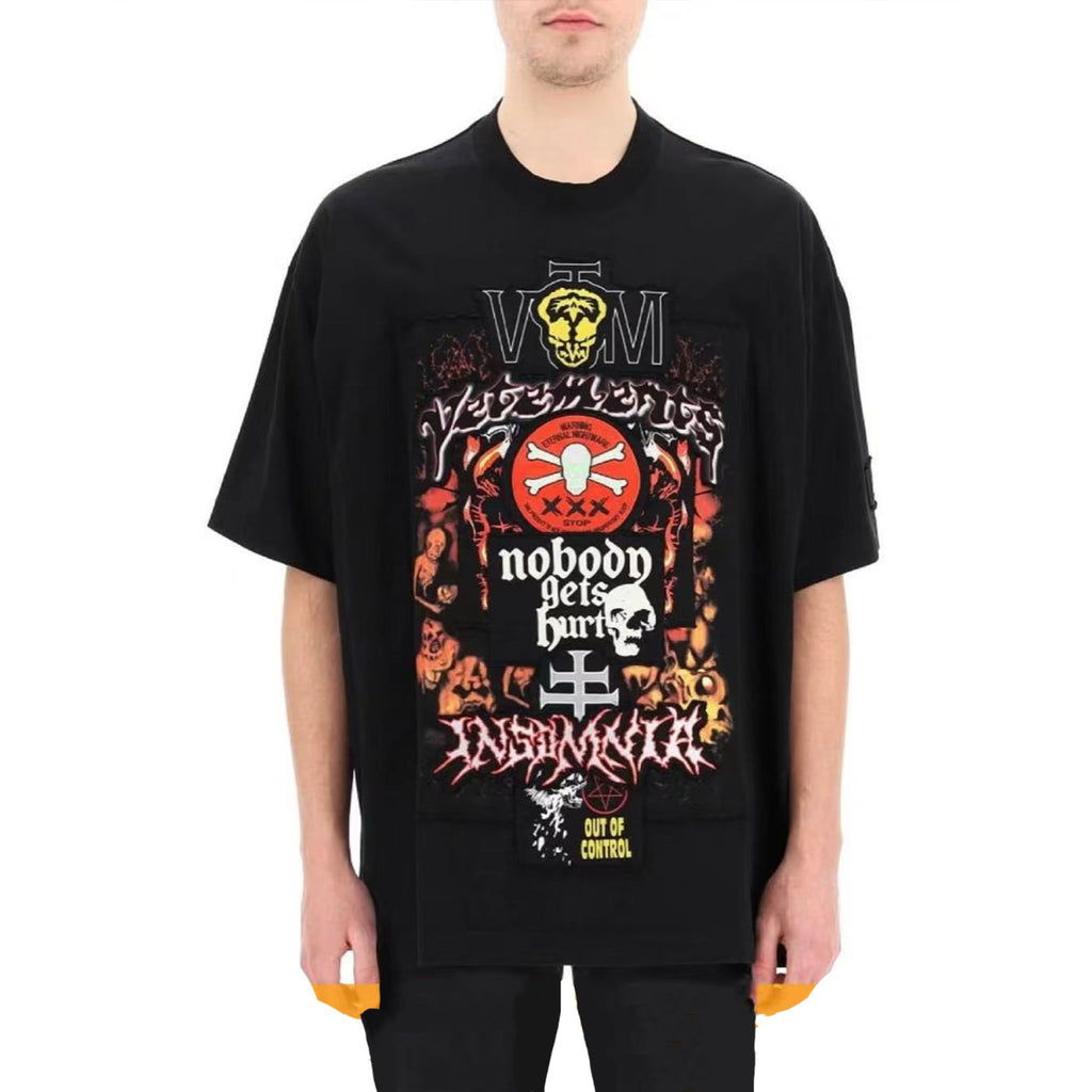 Vetements Men's Spring And Summer Skull Letters Printed Patch T-shirt Fashion Trend High Street Retro Black Loose T-shirt Ngvp #2455