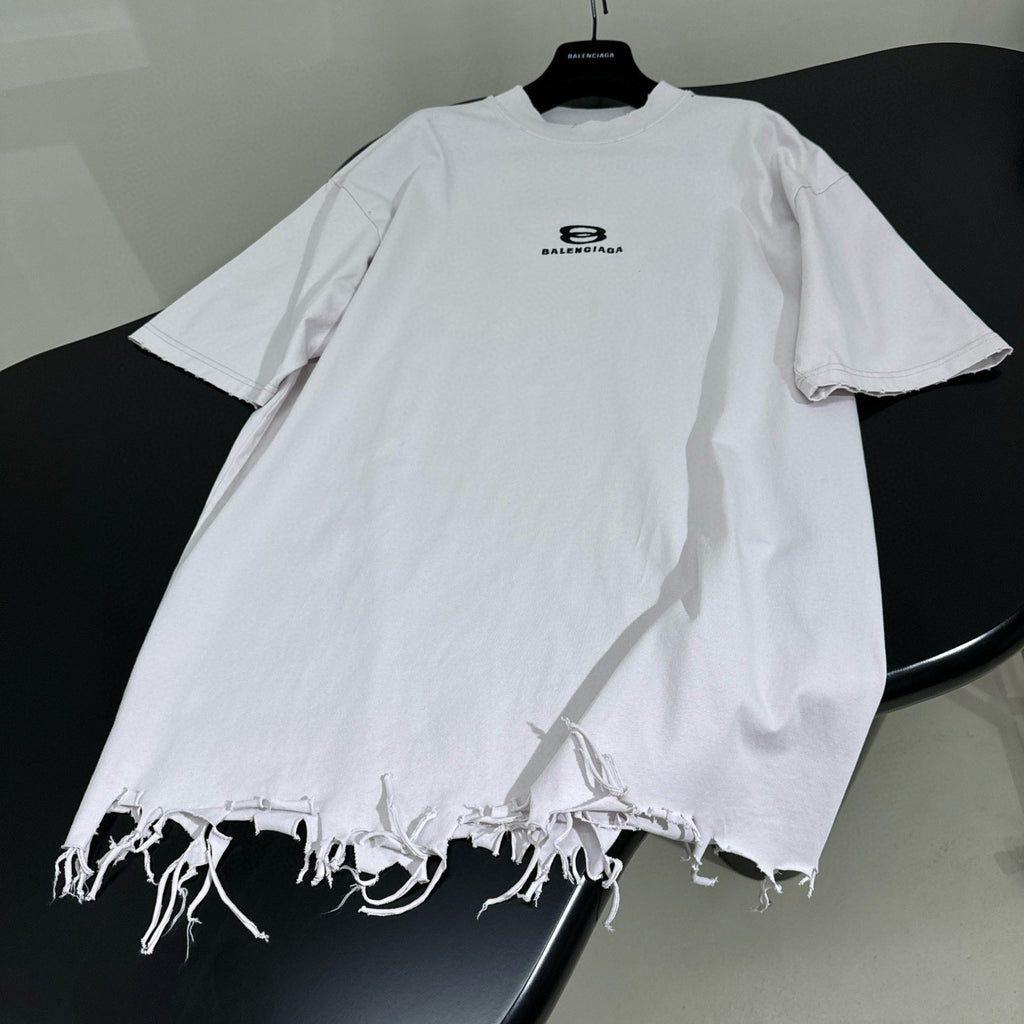 Balenciaga Men's and Women's Summer Embroidered Logo Printed Torn Hem Short Sleeve Unity Sports Icon Cropped T-Shirt Large #98146