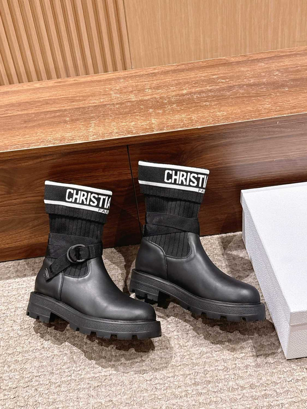 Dior Women's D-Major Ankle Boots Black Calf Leather With Black And White Technical Jersey #332813