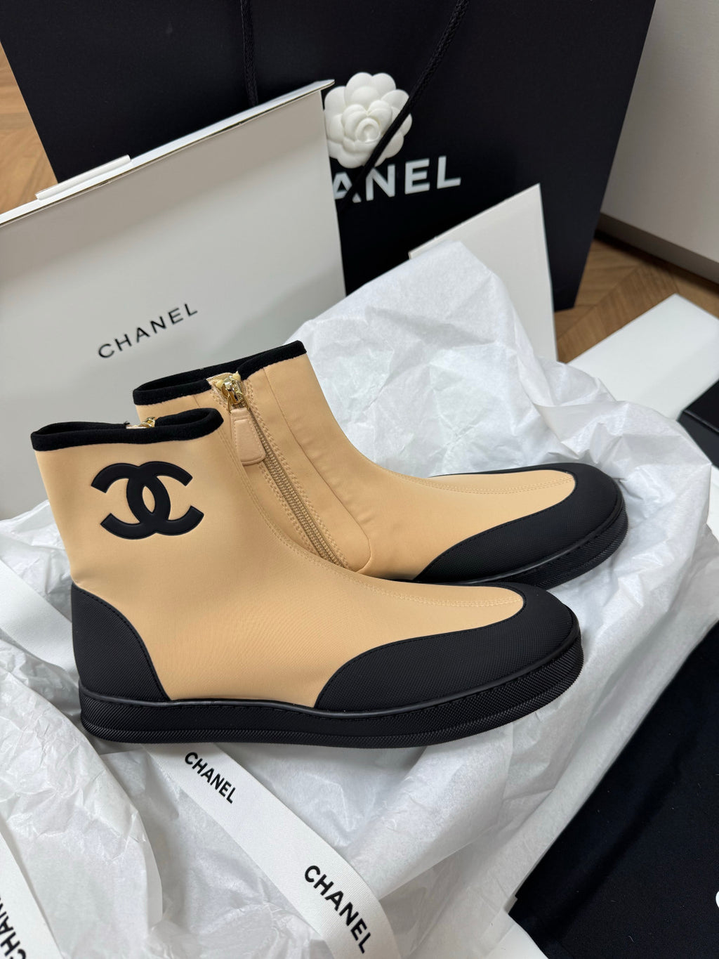 CHANEL Short Boots Mixed Fibers Rubber Beige Black #387573