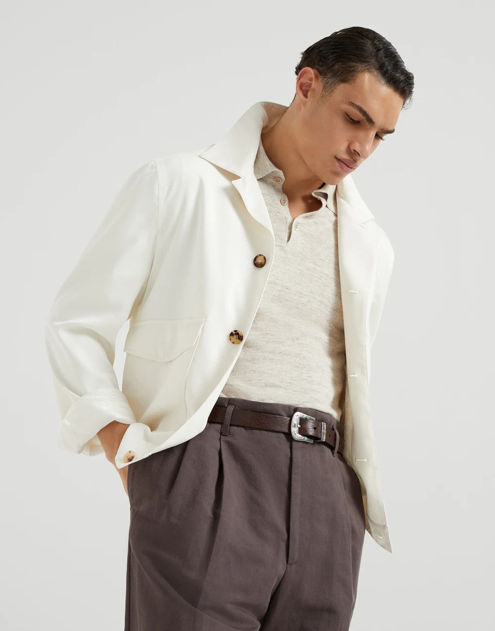 Brunello Cucinelli Men's Spring & Autumn Délavé Silk Twill Solid Color Long Sleeve Shirt Style Outerwear Jacket Ngvp #1813