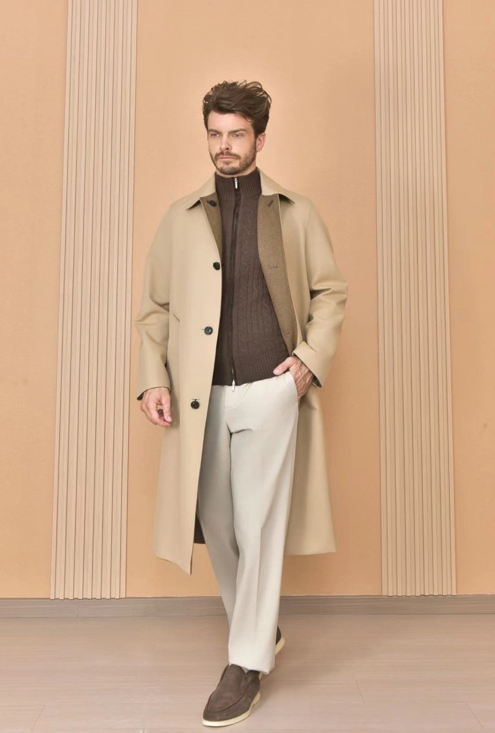 Loro Piana Men's Reversible Double-Faced Coat with Belt. Single-Button Lapel. Long Fit Jacket Ngvp #2336