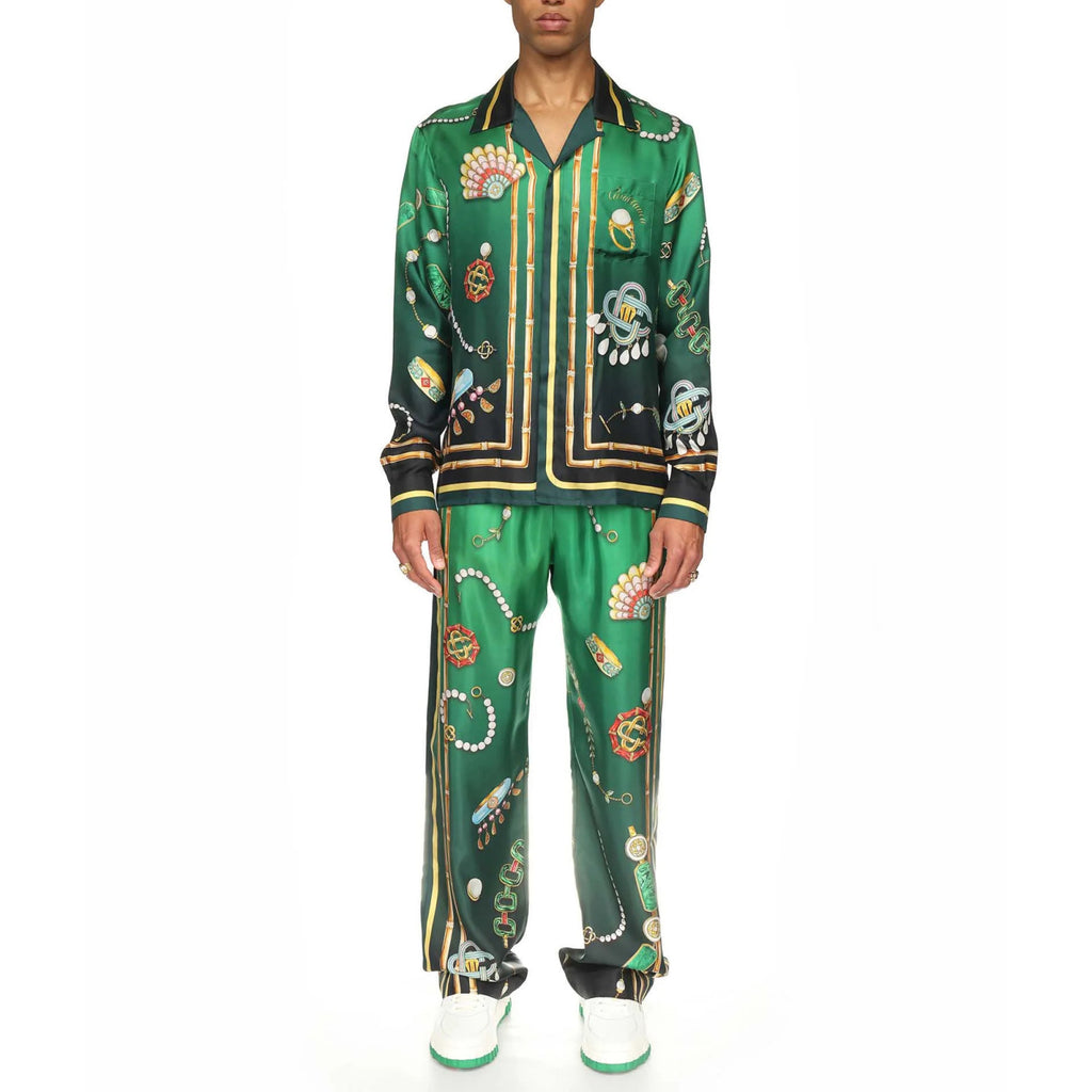 Casablanca Men's Summer Green Pattern Printed Single Breasted Long Sleeve Shirt Loose Wide Leg Casual Pants Set Suit #72295