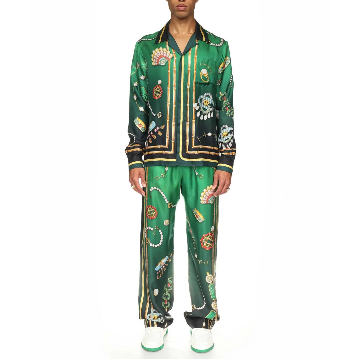 Casablanca Men's Summer Green Pattern Printed Single Breasted Long Sleeve Shirt Loose Wide Leg Casual Pants Set Suit #72295