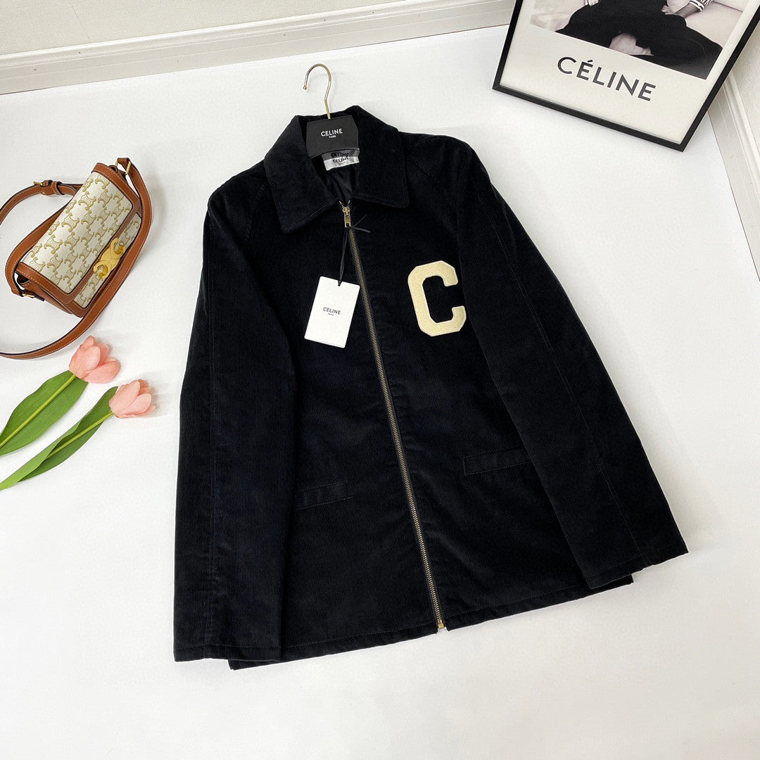 Celine Men's Black Lapel Zipper Cotton Jacket In Corduroy #97158