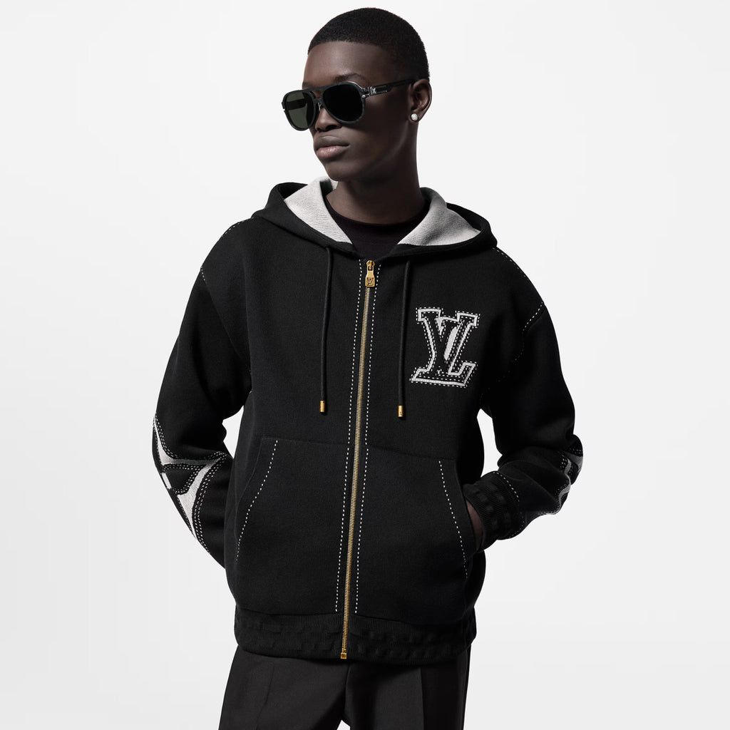 Louis Vuitton Women's Fall/Winter Black Logo Applique Zipper Hooded Long Sleeve Jacket #73154