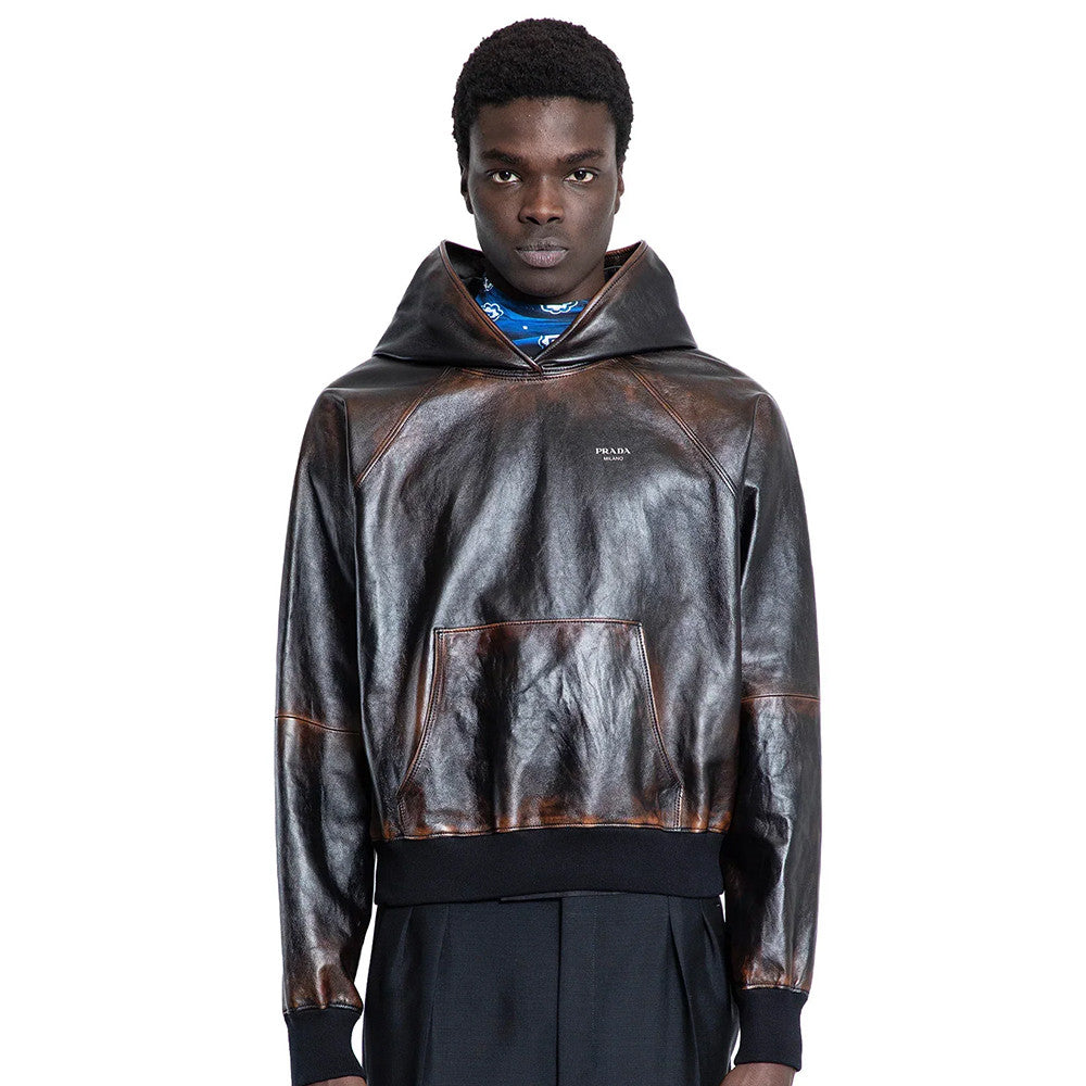 Prada SS25 Spring And Summer Men's Nappa Leather Hooded Raglan Long Sleeve Sweatshirt Leather Jacket #332536