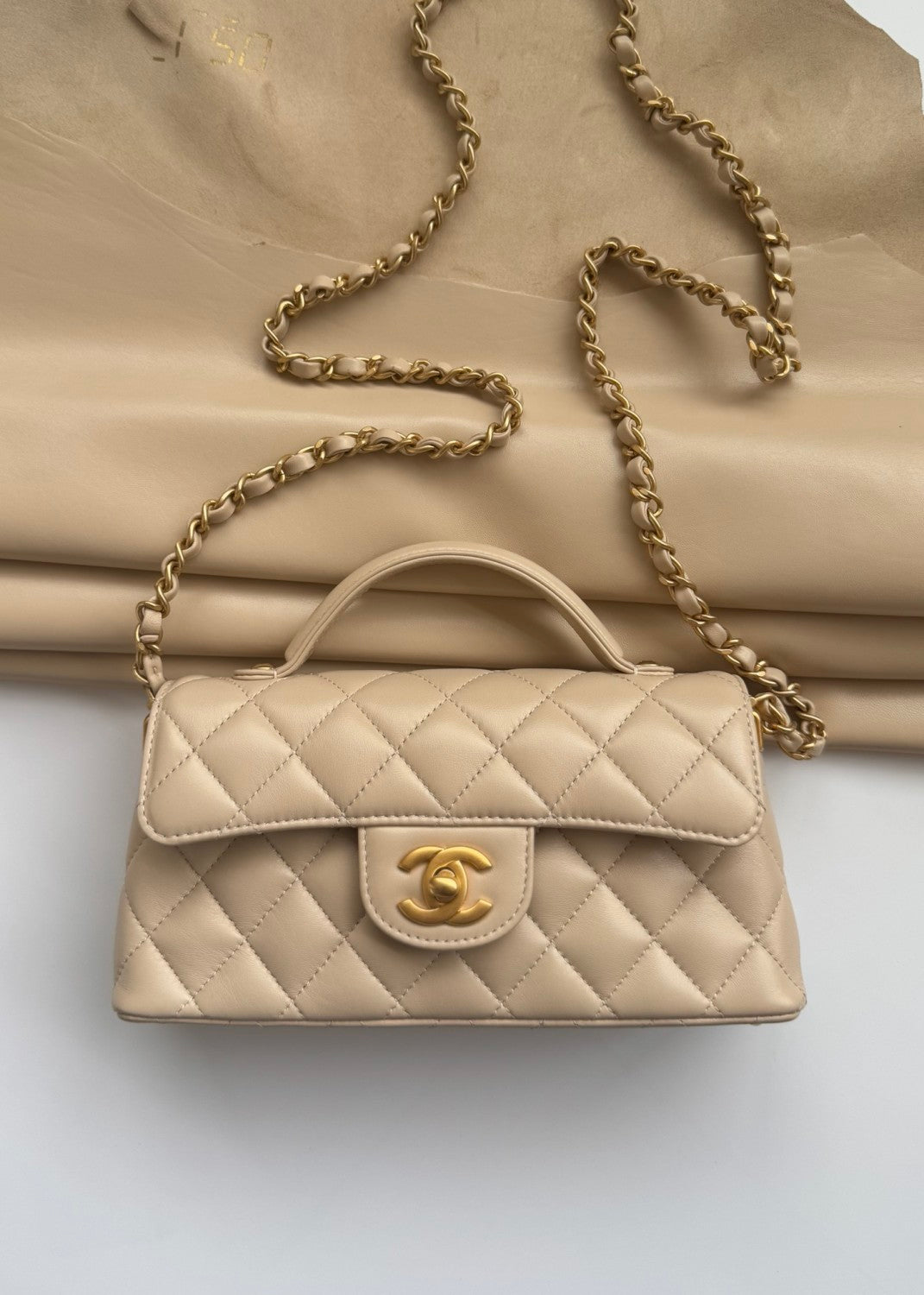 Chanel Women's Horizontal Trumpet Apricot Kelly Bag Lambskin Apricot Antique Gold Buckle Shoulder Crossbody Handbag #332359