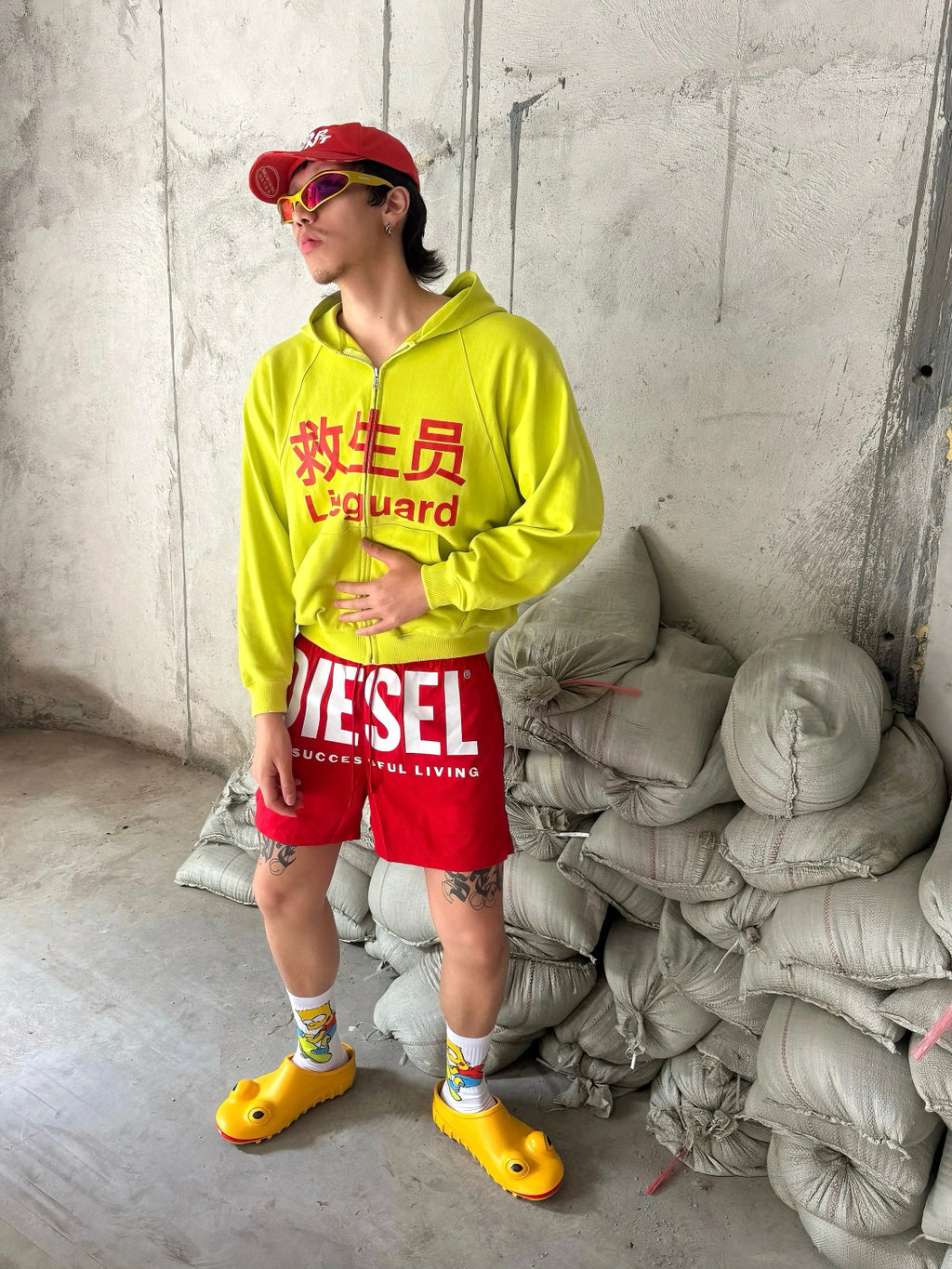 Praying Men's Fall And Winter Fluorescent Yellow Lifeguard Print Subculture Tide Zipper Hoodie Sweatshirt Ngvp #2621