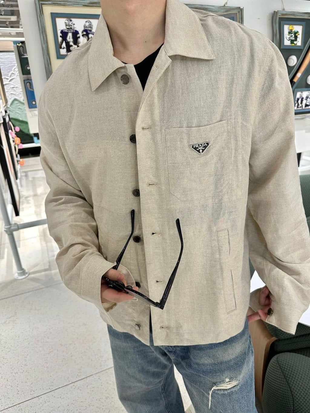 Prada Men's Spring And Fall Beige Lapel Single Breasted Long Sleeved Shirt Jacket #72511
