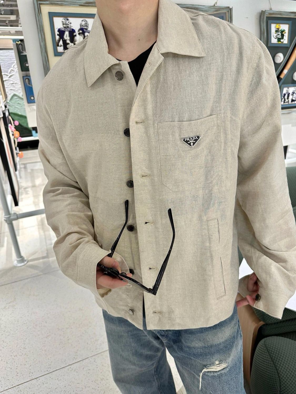 Prada Men's Spring And Fall Beige Lapel Single Breasted Long Sleeved Shirt Jacket #72511