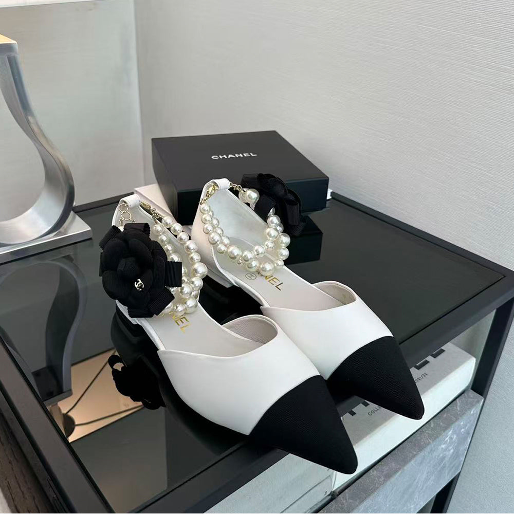 Chanel 25K Genuine Leather Pointed Toe Flat Shoes Pearl Chain Fashionable and Comfortable Color Block Women's Shoes #332404